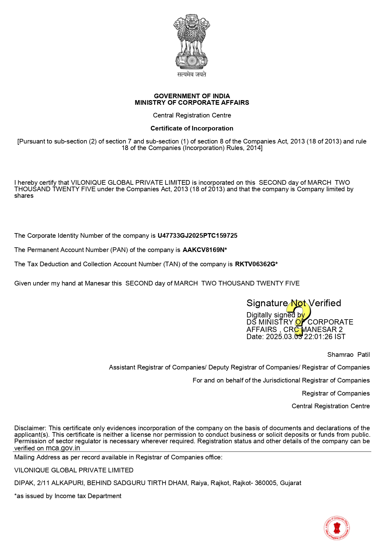 Certificate of Incorporation